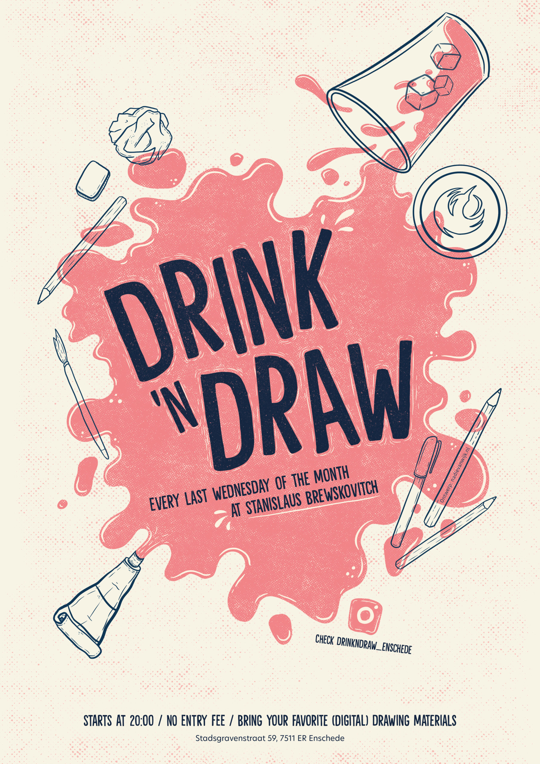 Grafisch ontwerp van een poster voor de Drink n Draw bijeenkomst in Enschede, inclusief informatie over locatie en tijdstip.