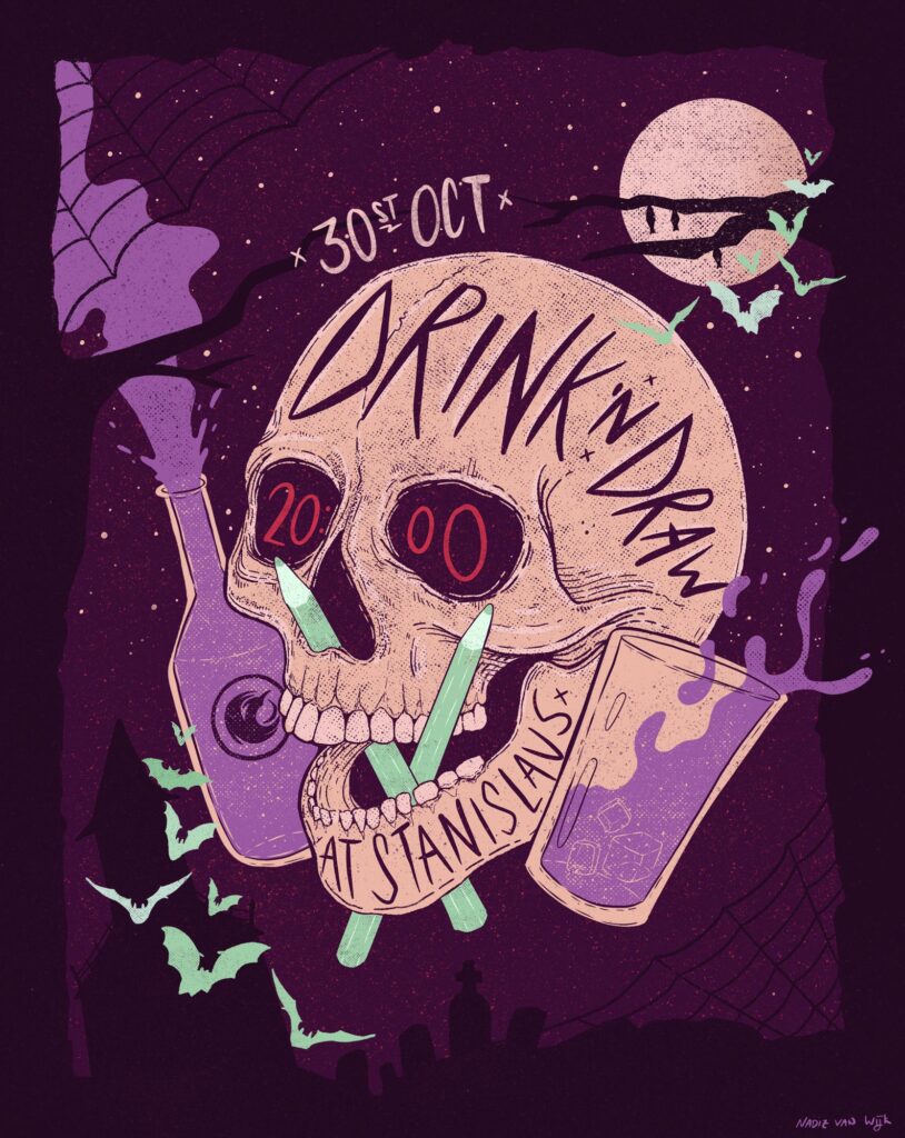 Creatieve illustratie ter aankondiging van het Drink n Draw evenement in Enschede, ontworpen door een lokale illustrator.